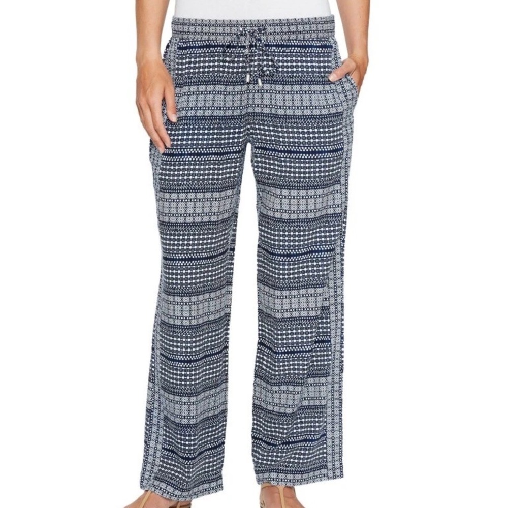 Tommy Bahama Womens Navy White Geometric Print Wide Leg Rayon Pants Sz S/P